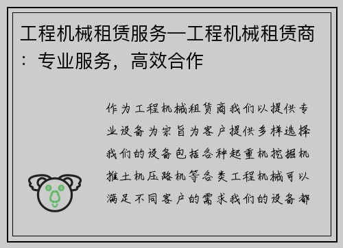 工程机械租赁服务—工程机械租赁商：专业服务，高效合作
